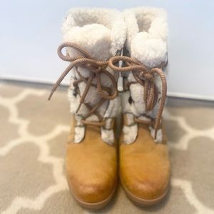 SOREL JOAN Of ARTIC WEDGE SHEARLING BOOT 8.5 CHESTNUT Ankle Waterproof Lace Up